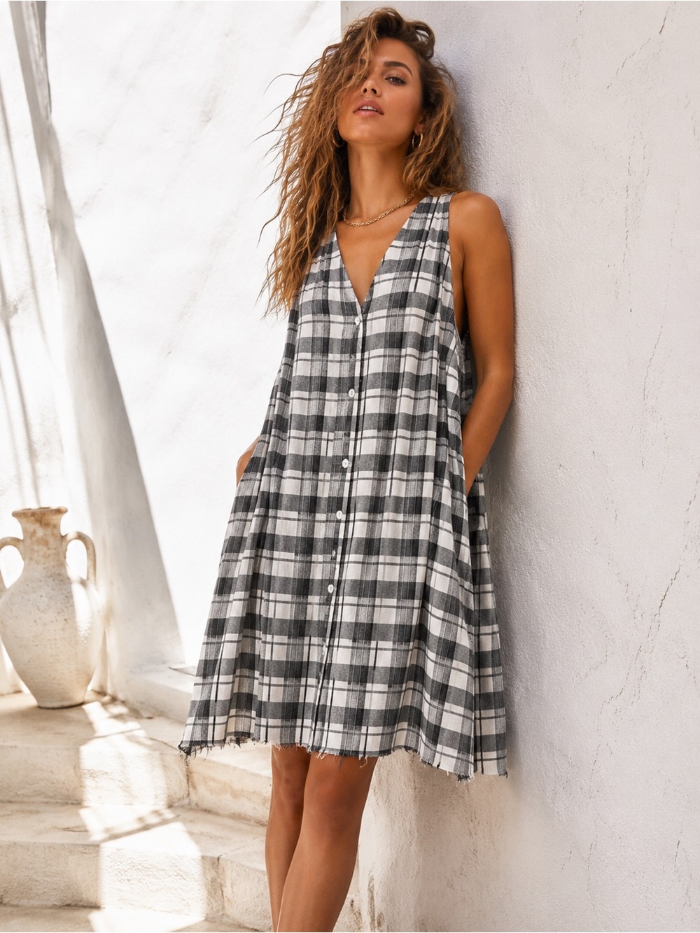 ANTHROPOLOGIE x THE LADY & THE SAILOR Linen Blend Plaid Button-Front Dress Sz 2